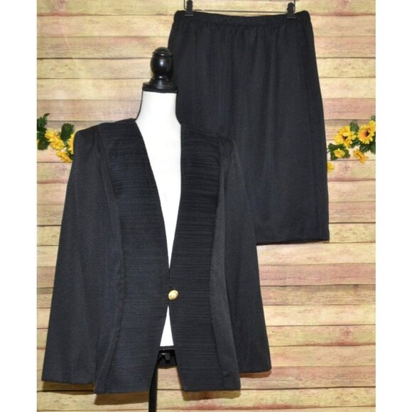 Vintage 2 Piece Black Suit Jacket & Skirt Pearl Button Size 16 Classy Old Money - Picture 1 of 13